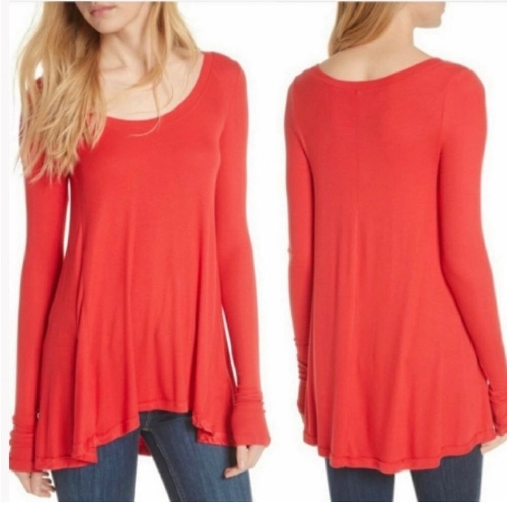 Free People January Ribbed Long sleeve Hi Low Shark Bite Tunic T-Shirt Red XS